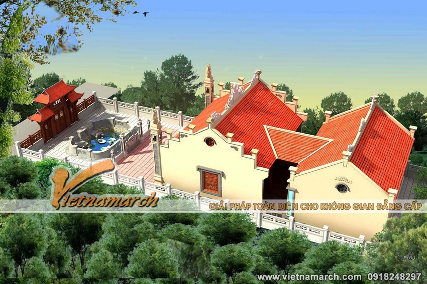Mẫu thiết kế nhà thờ họ, từ đường chữ Công gỗ lim Lào tại Nam Định với diện tích khoảng 320m2, có hồ nước phía trước