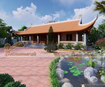 Mẫu thiết kế nhà thờ họ, từ đường kẻ chuyền gỗ lim Lào 5 gian 4 mái