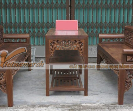 Bộ trường kỷ gụ ta vai cuốn chạm tích tam quốc
