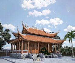 Phối cảnh nhà thờ họ 3 gian 8 mái có hồ nước tại Thái Nguyên