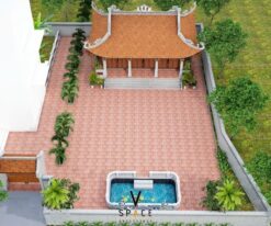 Mẫu thiết kế nhà thờ họ 3 gian 4 mái có hồ nước hình chữ nhật tại Phú Thọ