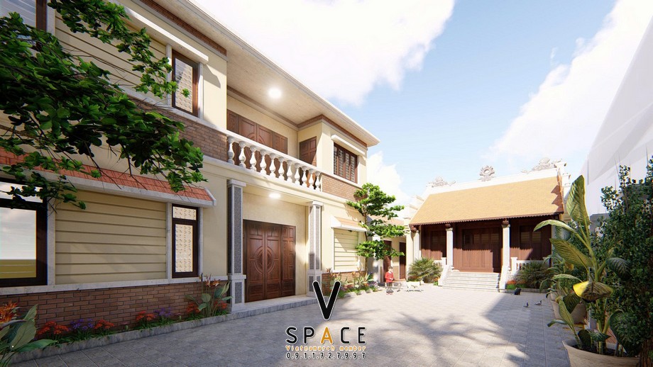 Nhà thờ họ 3 gian 2 mái cùng nhà ngang và nhà ở 2 tầng hiện đại tại xã Bát Tràng