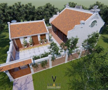 Phối cảnh nhà thờ họ 3 gian 2 mái kết hợp nhà ở 1 tầng tại Bắc Ninh