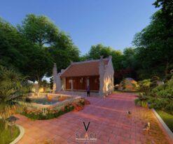 Phương án thiết kế nhà thờ họ 3 gian 2 mái 63m2 có hồ nước nên thơ tại Ninh Bình