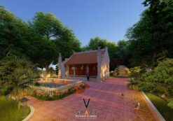 Phương án thiết kế nhà thờ họ 3 gian 2 mái 63m2 có hồ nước nên thơ tại Ninh Bình