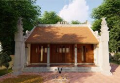 Phương án thiết kế nhà thờ họ 3 gian 2 mái 63m2 có hồ nước nên thơ tại Ninh Bình