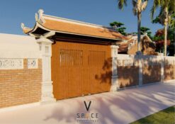 Phối cảnh thiết kế cổng chính mẫu nhà ngang 3 gian 2 mái 130m2 tại Lào Cai