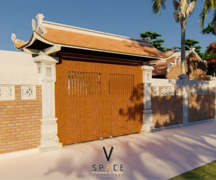 Phối cảnh thiết kế cổng chính mẫu nhà ngang 3 gian 2 mái 130m2 tại Lào Cai