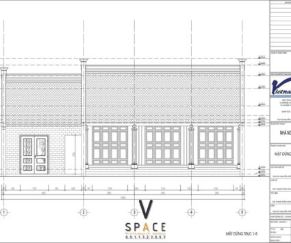 Bản vẽ thiết kế mặt đứng mẫu nhà ngang 3 gian 2 mái 130m2 tại Lào Cai