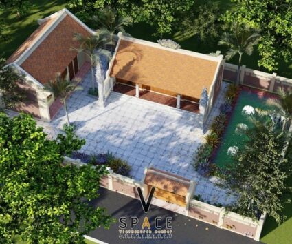 Phương án thiết kế nhà thờ họ 3 gian 2 mái kết hợp nhà ngang và non bộ tại Tuyên Quang