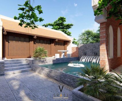 Nhà thờ họ 3 gian 2 mái kết hợp nhà ngang cùng hồ nước ấn tượng tại Hà Nội