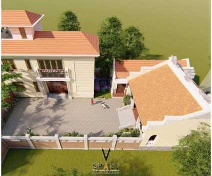 Nhà thờ họ 3 gian 2 mái kết hợp nhà ngang và nhà ở 2 tầng hiện đại tại Bắc Ninh