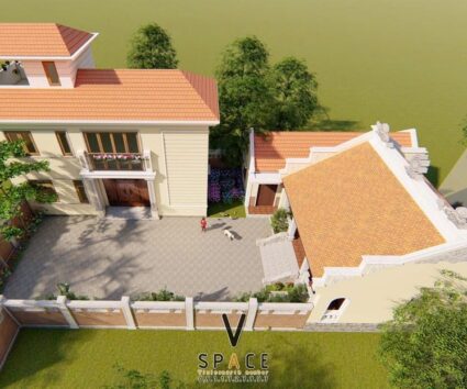 Nhà thờ họ 3 gian 2 mái kết hợp nhà ngang và nhà ở 2 tầng hiện đại tại Bắc Ninh
