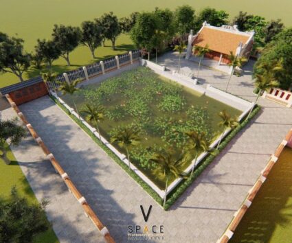 Phối cảnh thiết kế nhà thờ họ 3 gian 2 mái có hậu cung và hồ nước rộng ấn tượng tại Hà Nội
