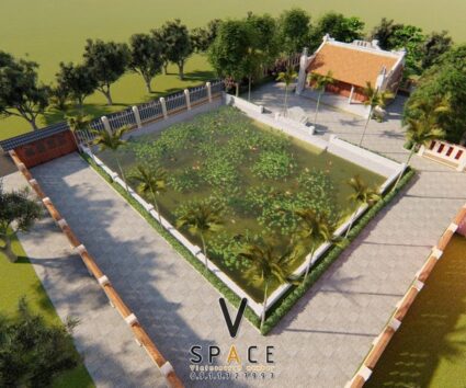 Phối cảnh thiết kế nhà thờ họ 3 gian 2 mái có hậu cung và hồ nước rộng ấn tượng tại Hà Nội