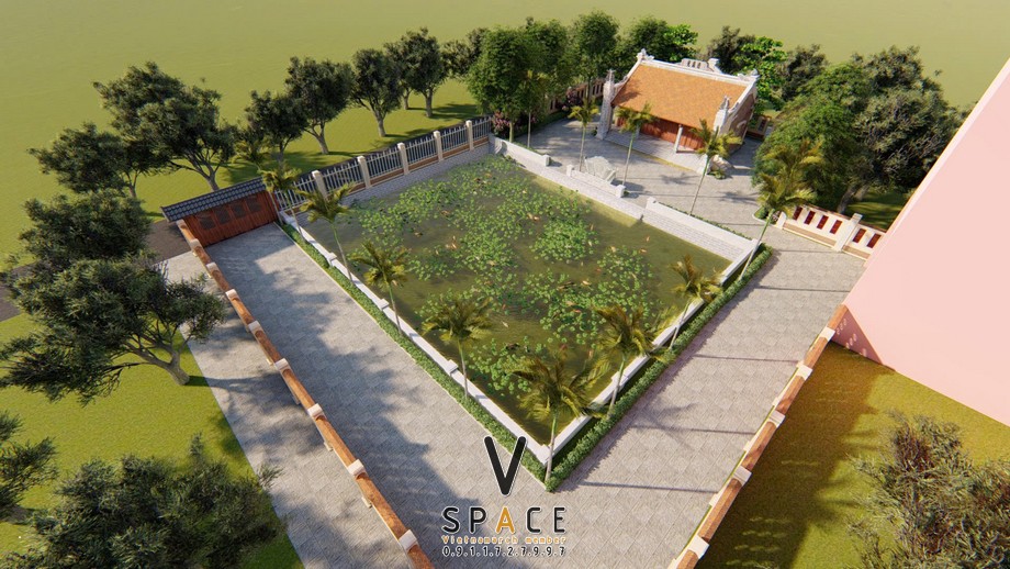 Phối cảnh thiết kế nhà thờ họ 3 gian 2 mái có hậu cung và hồ nước rộng ấn tượng tại Hà Nội Phối cảnh thiết kế nhà thờ họ 3 gian 2 mái có hậu cung và hồ nước rộng ấn tượng tại Hà Nội