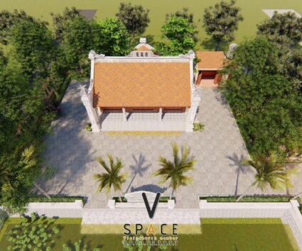 Phối cảnh thiết kế nhà thờ họ 3 gian 2 mái có hậu cung và hồ nước rộng ấn tượng tại Hà Nội