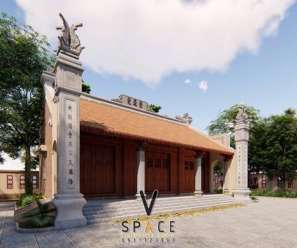 Phối cảnh thiết kế nhà thờ họ 3 gian 2 mái có hậu cung và hồ nước rộng ấn tượng tại Hà Nội