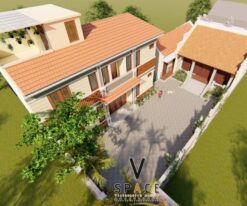Phối cảnh nhà thờ họ 3 gian 2 mái cùng nhà ở 2 tầng hiện đại tại Thái Nguyên