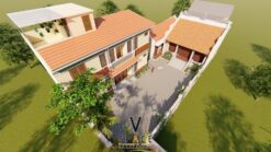 Phối cảnh nhà thờ họ 3 gian 2 mái cùng nhà ở 2 tầng hiện đại tại Thái Nguyên