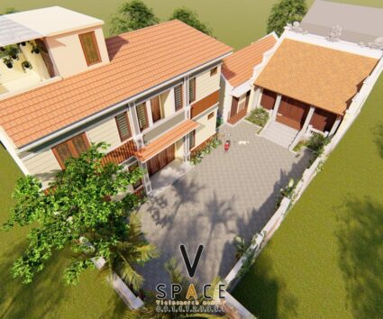Phối cảnh nhà thờ họ 3 gian 2 mái cùng nhà ở 2 tầng hiện đại tại Thái Nguyên