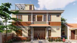Phối cảnh nhà thờ họ 3 gian 2 mái cùng nhà ở 2 tầng hiện đại tại Thái Nguyên
