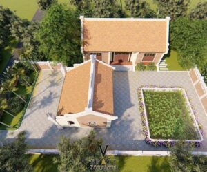 Thiết kế nhà thờ họ 3 gian 2 mái kết hợp nhà ở 3 gian và hồ sen tại Phú Thọ