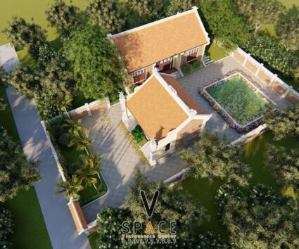 Thiết kế nhà thờ họ 3 gian 2 mái kết hợp nhà ở 3 gian và hồ sen tại Phú Thọ