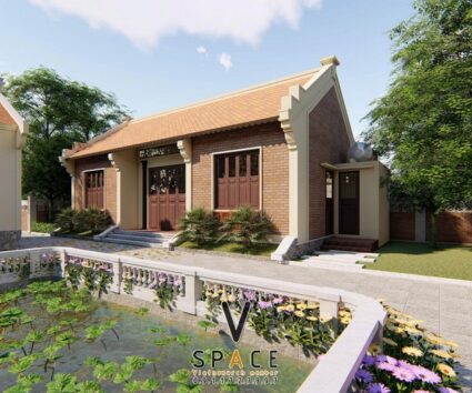 Thiết kế nhà thờ họ 3 gian 2 mái kết hợp nhà ở 3 gian và hồ sen tại Phú Thọ