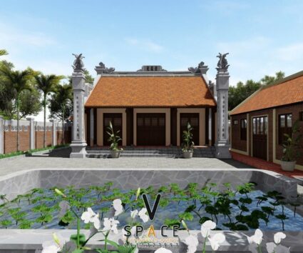 Nhà thờ họ 3 gian 2 mái liền nhà ngang và hồ nước hình chữ nhật tại Quảng Ninh