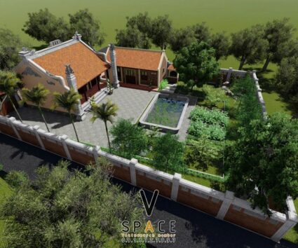 Nhà thờ họ 3 gian 2 mái liền nhà ngang và hồ nước hình chữ nhật tại Quảng Ninh