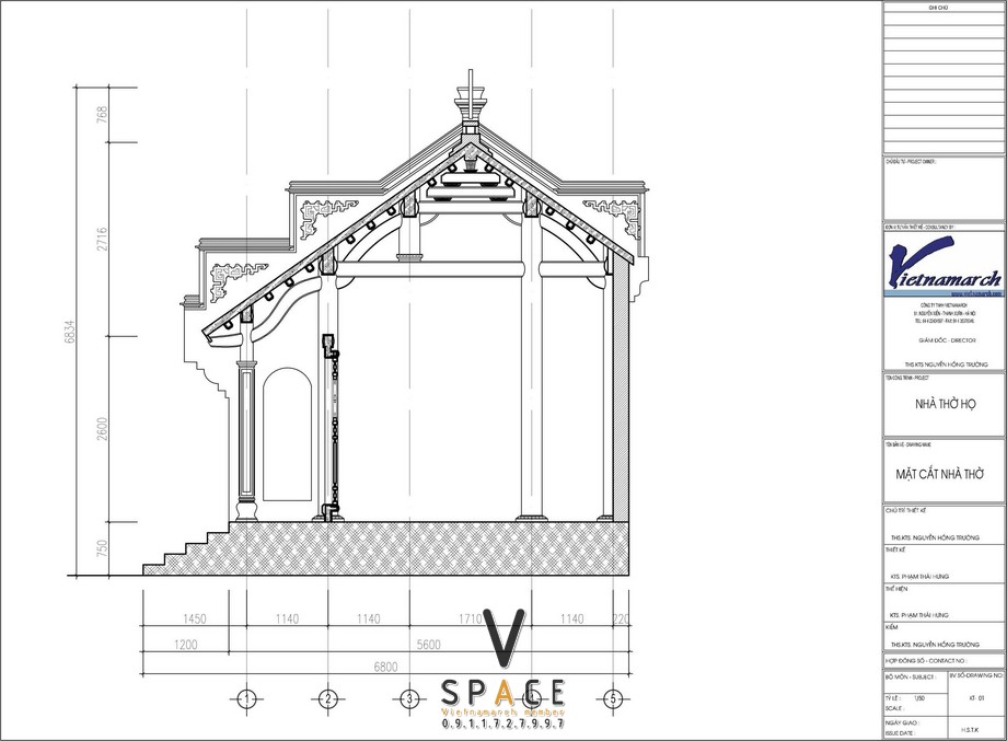 Bản vẽ thiết kế mặt cắt nhà thờ họ 3 gian 2 mái diện tích nhỏ 45m2 tại Ninh Bình Bản vẽ thiết kế nhà thờ họ 3 gian 2 mái diện tích nhỏ 45m2 tại Ninh Bình